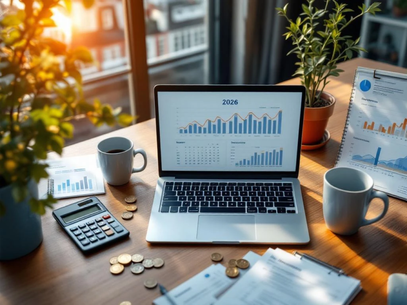 Nederlandse freelancer werkplek met laptop, financiële grafieken, 2026 kalender, calculator en verzekeringsdocumenten op houten bureau