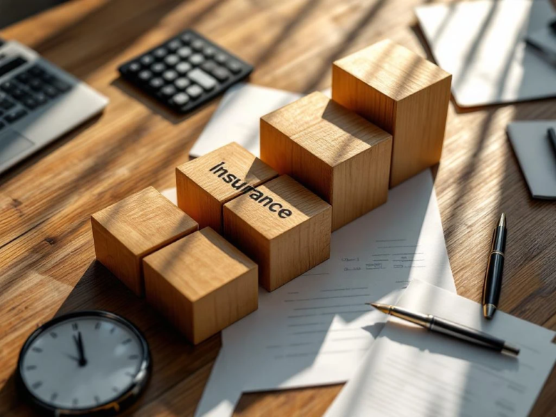 Vijf houten bouwblokken in trapvorm op bureau met documenten, rekenmachine en pen voor verzekeringsconcept