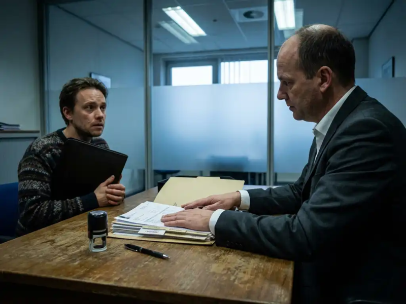 Een belastinginspecteur en zzp'er aan bureau met officiële documenten, contracten en urenstaten tijdens een ernstig gesprek.