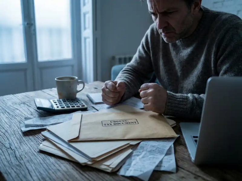 Freelancer aan bureau met financiële documenten en officiële envelop, gespannen sfeer in blauwgrijs licht.