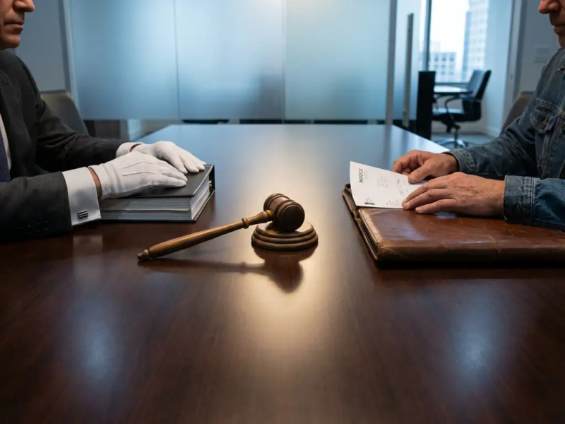 Gavel op conferentietafel tussen advocaat en freelancer tijdens juridisch geschil over factuur.