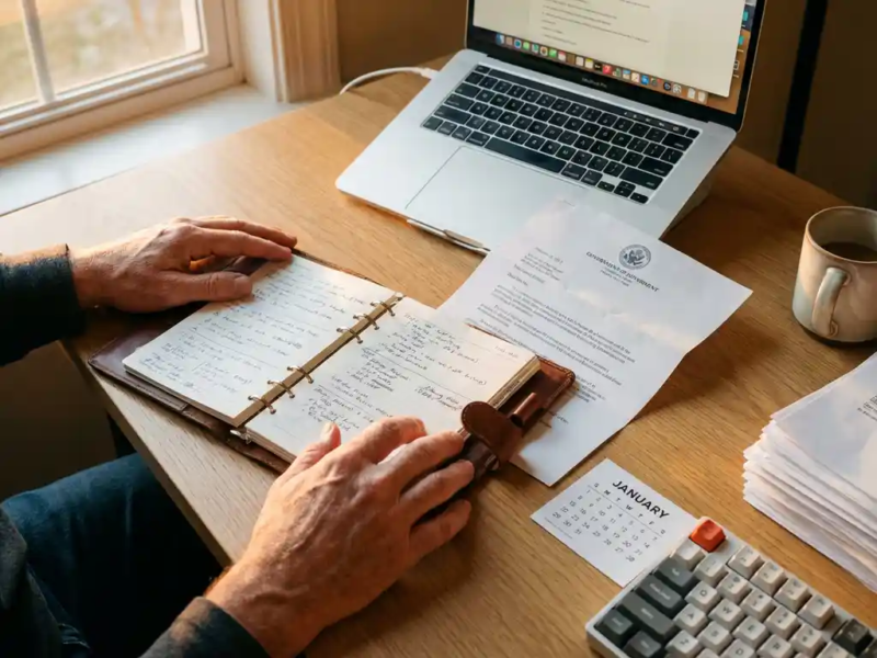 Freelancer aan bureau met leren agenda, overheidsdocument en laptop in januarilicht, klaar voor administratie.