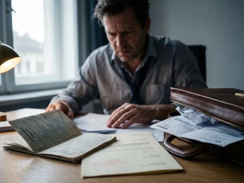 Freelancer bestudeert gespannen een verzekeringspolisdocument met rood stempel aan een houten bureau, omgeven door facturen.