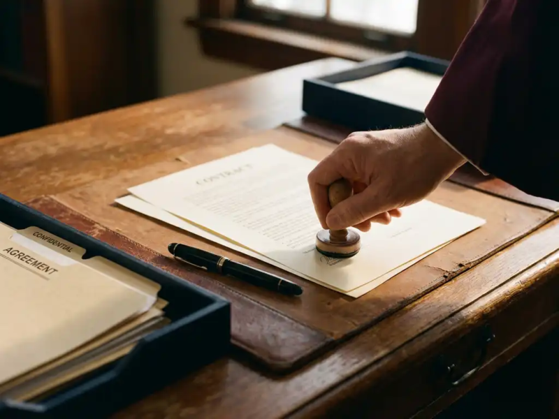 Hand die een inktsstempel op een formeel contract drukt, met juridische mappen en vulpen op een houten bureau.