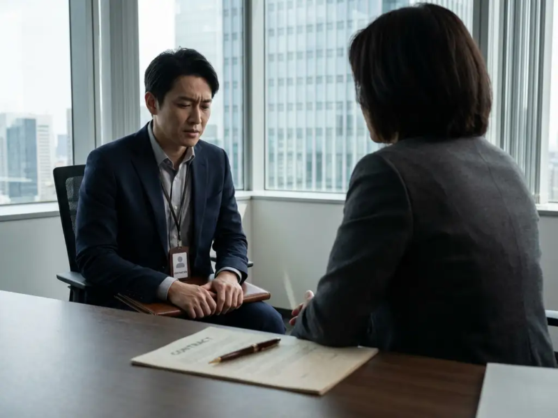 Professional en werkgever aan bureau met contract en pen, in modern kantoor met natuurlijk licht, sfeer serieus en contemplatie