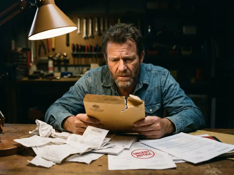 Zelfstandige vakman bekijkt gespannen een officiële envelop, omringd door facturen en contracten op een verlicht bureau.