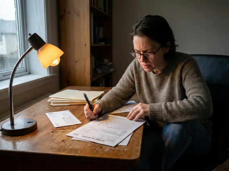 Zelfstandige werknemer vult belastingformulier in aan houten bureau in thuiskantoor, met onzekere blik en pen in hand.