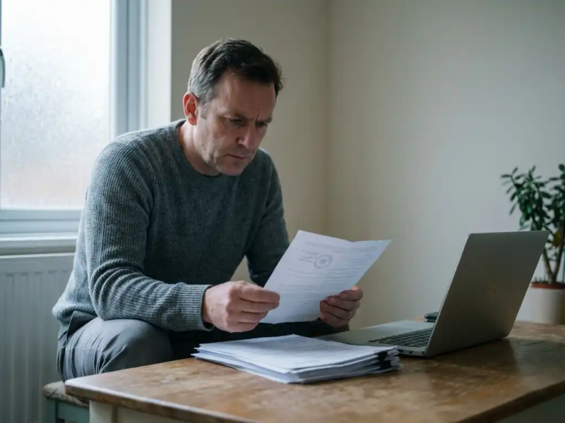 Persoon leest bezorgd een officieel document aan een houten bureau in een sober thuiskantoor, omgeven door facturen.