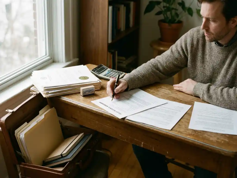 Zelfstandige professional die belangrijke beleidsdocumenten doorneemt aan een houten bureau, pen in hand, zachte natuurlijke belichting.