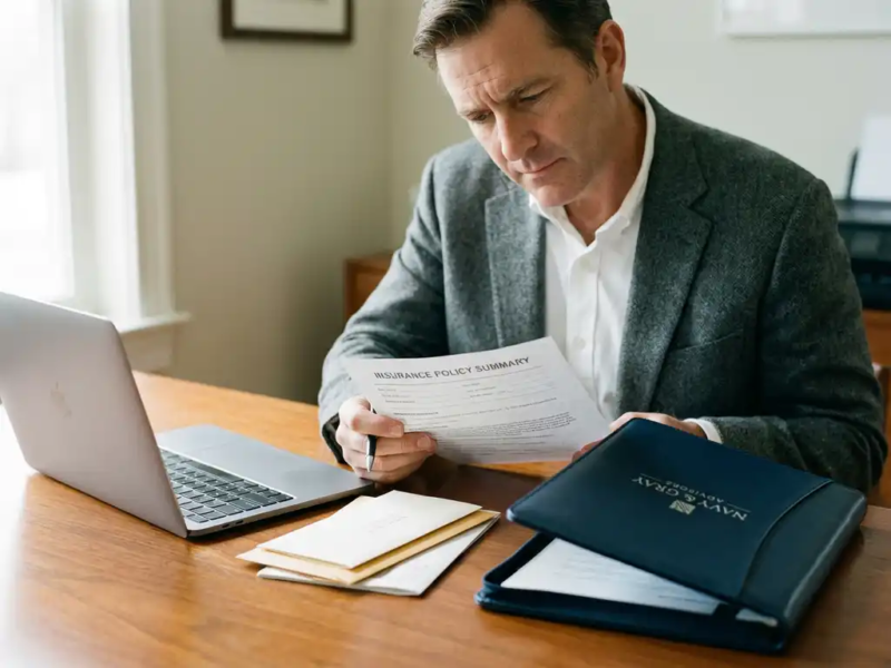 Zelfstandige professional bekijkt aandachtig een verzekeringsdocument aan een houten bureau met laptop en zakelijke papieren.