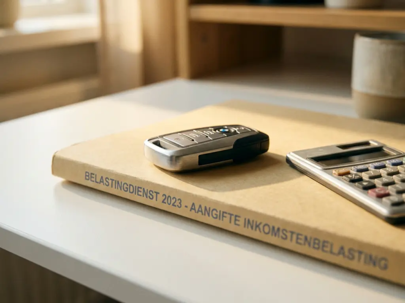 Autosleutel op een Nederlandse belastingmap naast een rekenmachine op een wit bureau in een thuiskantoor.