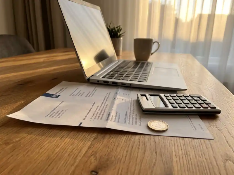 Eiken bureau met Nederlandse belastingaangifte onder laptop, rekenmachine en euromuntstuk in warm middaglicht.