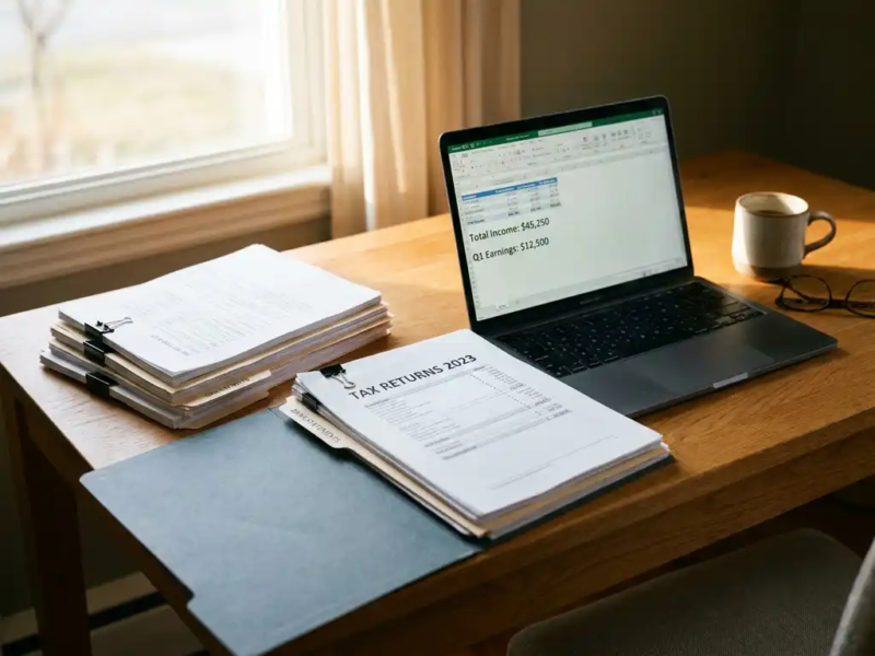 Freelancer bureau met belastingaangiften, bankafschriften en laptop met inkomenscijfers, koffie en leesbril in warm ochtendlicht.