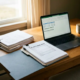 Freelancer bureau met belastingaangiften, bankafschriften en laptop met inkomenscijfers, koffie en leesbril in warm ochtendlicht.