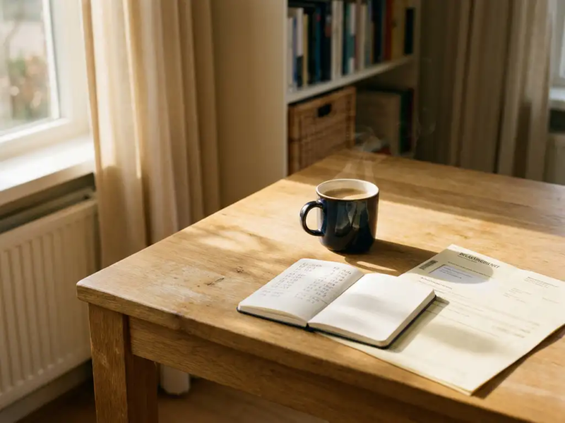 Freelance thuiswerkplek met Nederlands belastingdocument, notitieboekje met berekeningen en dampende koffie in warm ochtendlicht.