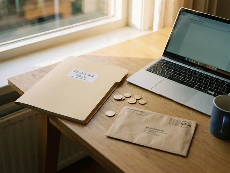 Opgeruimd thuiskantoor met belastingaangifte map, euromunten en officiële envelop naast laptop, warme middagbelichting.