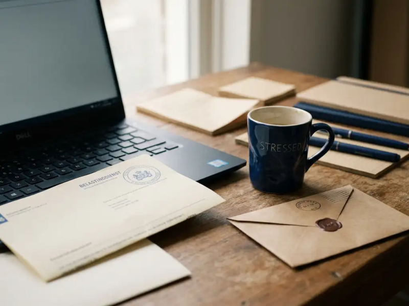 Freelancer bureau met Nederlands belastingdocument onder laptop, gestempelde envelop en koffiekop in warm beige en donkerblauw licht.