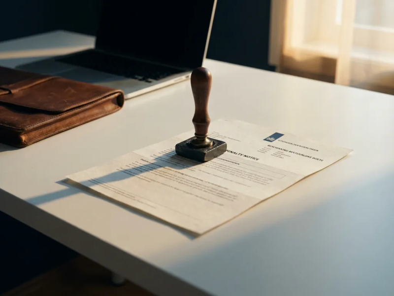 Officiële Nederlandse boetebeschikking met metalen stempel op wit bureau, laptop en leren portfolio op de achtergrond.