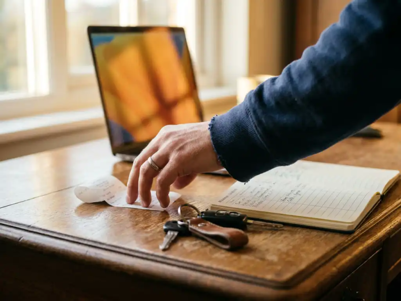 Freelancer legt brandstofbon op houten bureau naast autosleutels en opengeslagen kilometeradministratie, warm ochtendlicht.