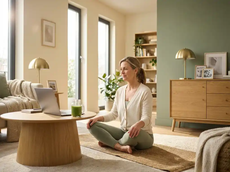Coach zit gekruist op yogamat in licht thuiskantoor met laptop en groene smoothie op houten tafel.