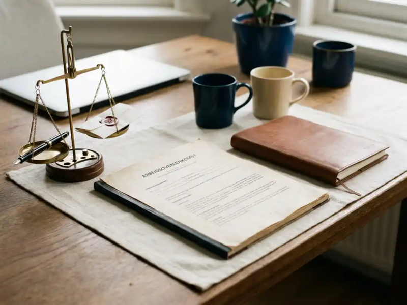 Freelance bureau met arbeidscontract en portfolio naast elkaar, miniweegschaal met pen en officieel document, warm natuurlijk licht.