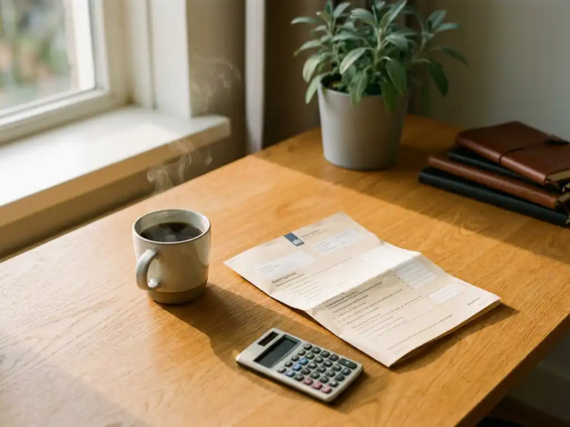 Eiken bureau met Nederlands belastingformulier, rekenmachine en dampende koffie in warm ochtendlicht.