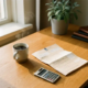 Eiken bureau met Nederlands belastingformulier, rekenmachine en dampende koffie in warm ochtendlicht.