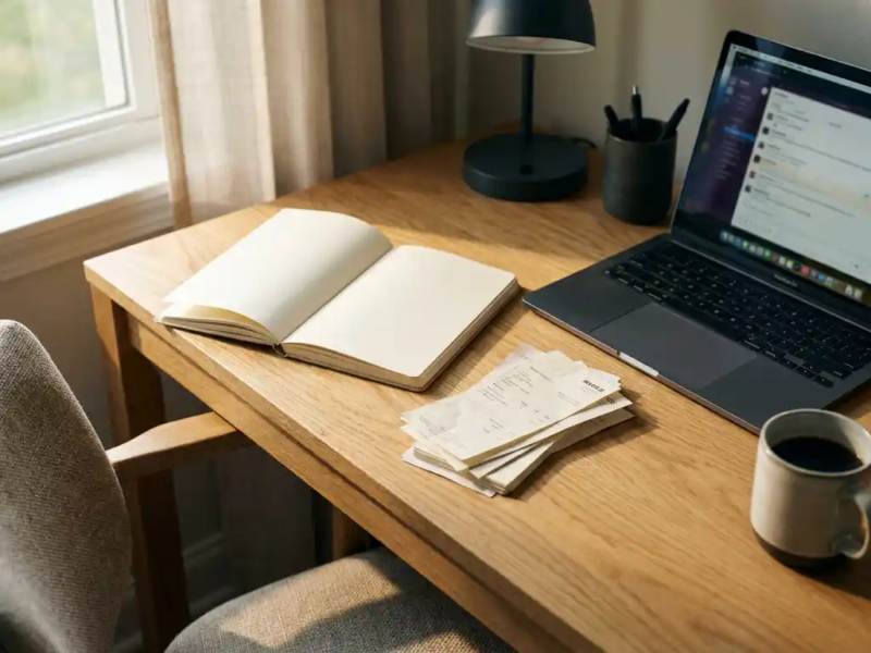 Opgeruimd eiken bureau met open notitieboek, bonnetjes, halfopen laptop en koffiekopje in warm ochtendlicht.