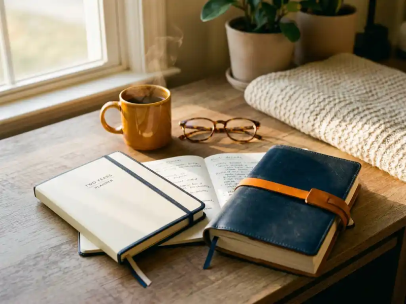 Freelance thuiswerkplek met slanke tweejarenplanner en dikke meerjarenjournal naast dampende koffie en leesbril in warm ochtendlicht.