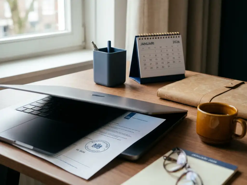 Freelance consultant bureau met officieel Nederlands overheidsdocument onder laptop, leren portfolio en koffiekop, kalender 2026 zichtbaar.