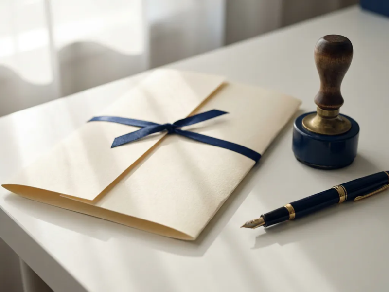 Formeel contractdocument op wit bureau met zakelijk stempel en pen, zacht natuurlijk licht op ivoor papier, zakelijke overeenkomst voor freelancers.
