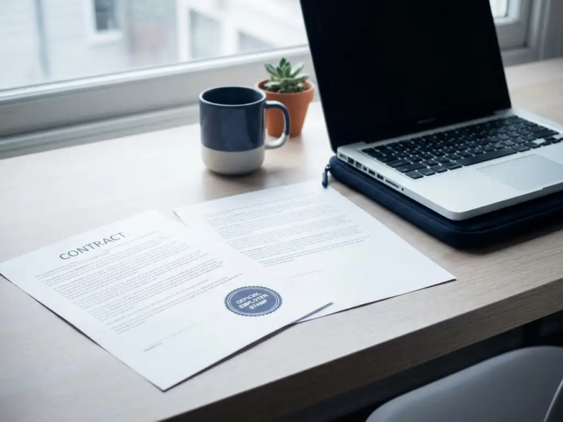 Freelance bureau met twee contractdocumenten naast elkaar, één met officieel werkgeverstempel, laptop, koffiemok en succulent in zacht natuurlijk licht.