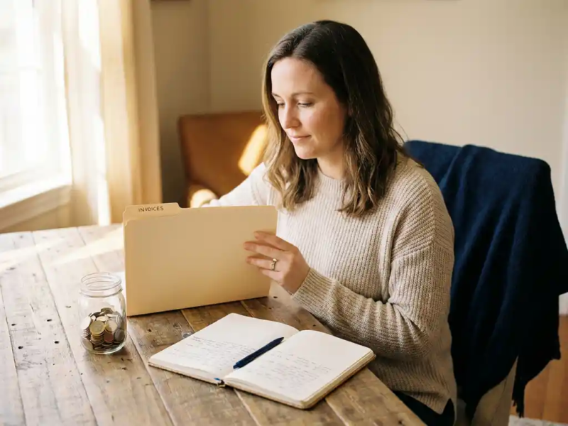 Freelance ondernemer bekijkt factuurmap aan minimalistisch houten bureau, met spaarpot en opengeslagen notitieboek in warm natuurlijk licht.