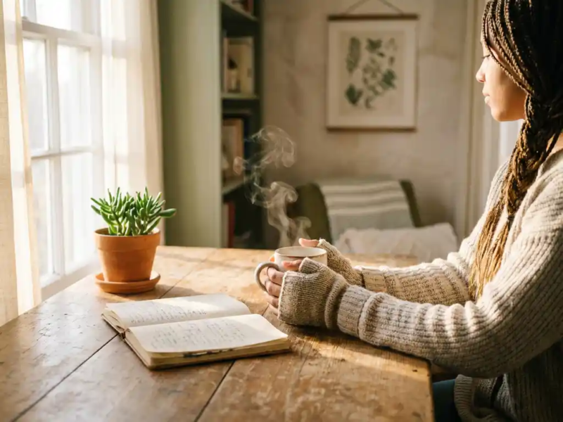 Freelance ondernemer aan een houten bureau met koffie, notitieboek en vetplantje in warm verlicht thuiskantoor.