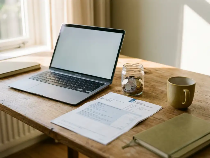 Freelance thuiswerkplek met Nederlands belastingdocument, glazen pot met euromunten en halfopen laptop in warm ochtendlicht.