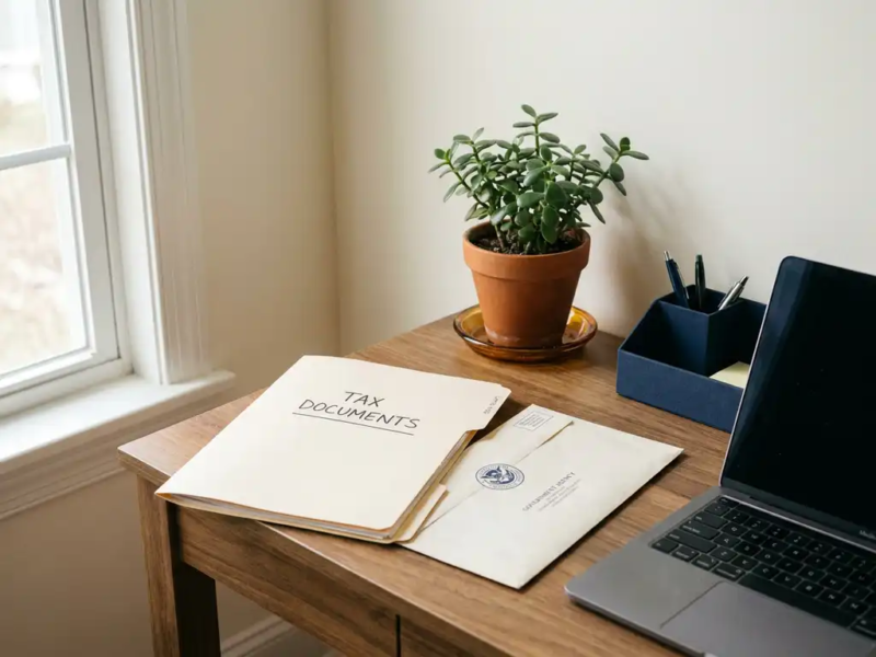 Freelancer thuiskantoor met openliggende belastingmap, officiële overheidsbrief en halfopen laptop op opgeruimd bureau.