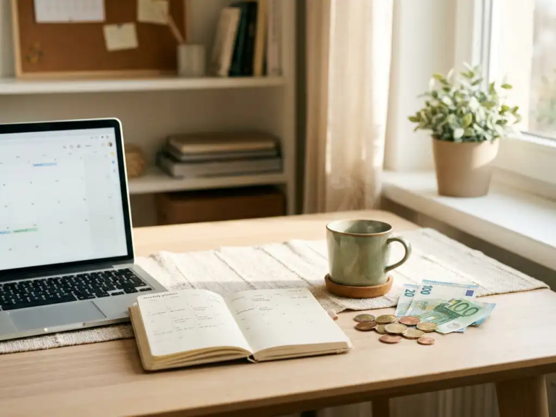 Thuiswerkbureau met laptop, maandplanner, eurobiljetten en munten naast een dampende koffie in warm natuurlijk licht.
