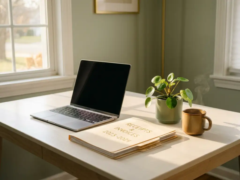 Opgeruimd thuiskantoor met laptop, map met bonnen en facturen, kamerplant en koffiemok in warm middaglicht.