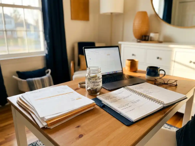 Georganiseerd thuiskantoor van een freelancer met facturen, open planner en spaarpot met munten in warm middaglicht.