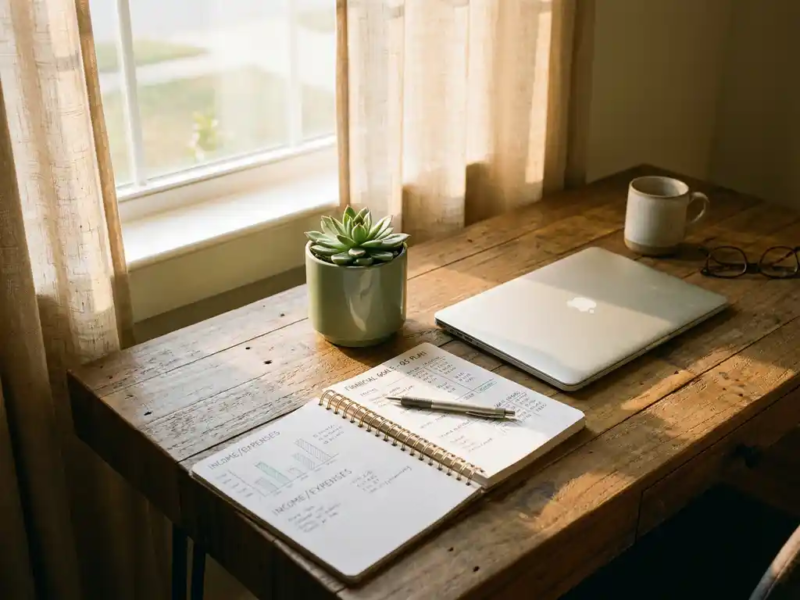 Freelancer werkt aan financiële planning in opgeruimd thuiskantoor met notitieboek, laptop en groene plant in warm ochtendlicht.