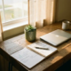Freelancer werkt aan financiële planning in opgeruimd thuiskantoor met notitieboek, laptop en groene plant in warm ochtendlicht.