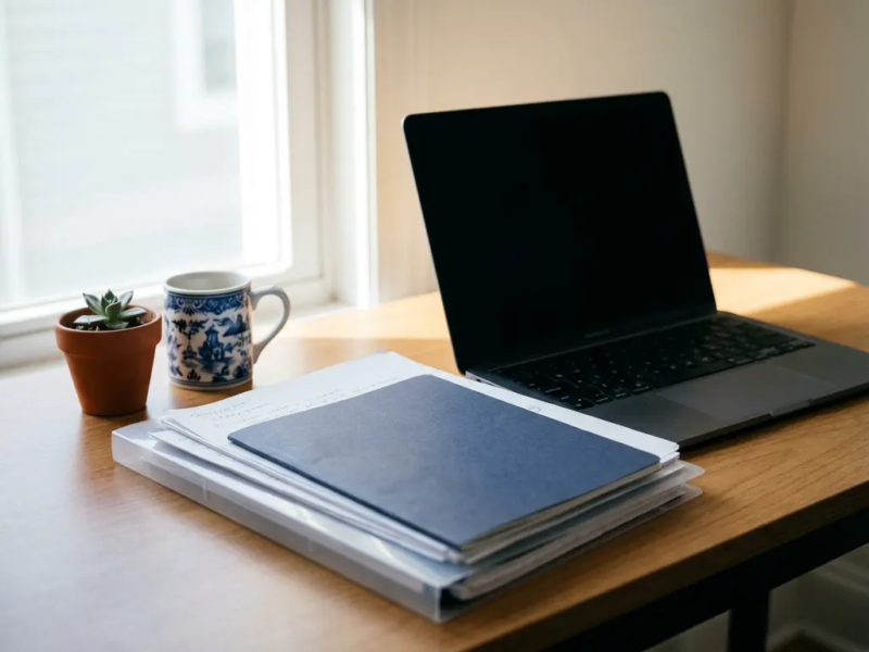 Freelance thuiswerkplek met laptop, transparante documentenmap, koffiemok en succulent in zacht natuurlijk daglicht.