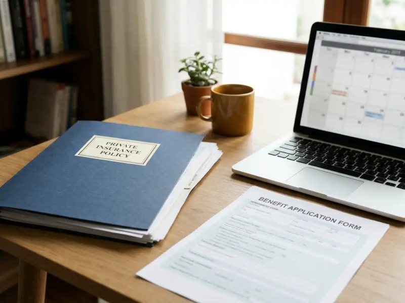 Bureau van freelancer met privéverzekeringsdossier en overheidsuitkeringsformulier naast laptop, warm natuurlijk licht.