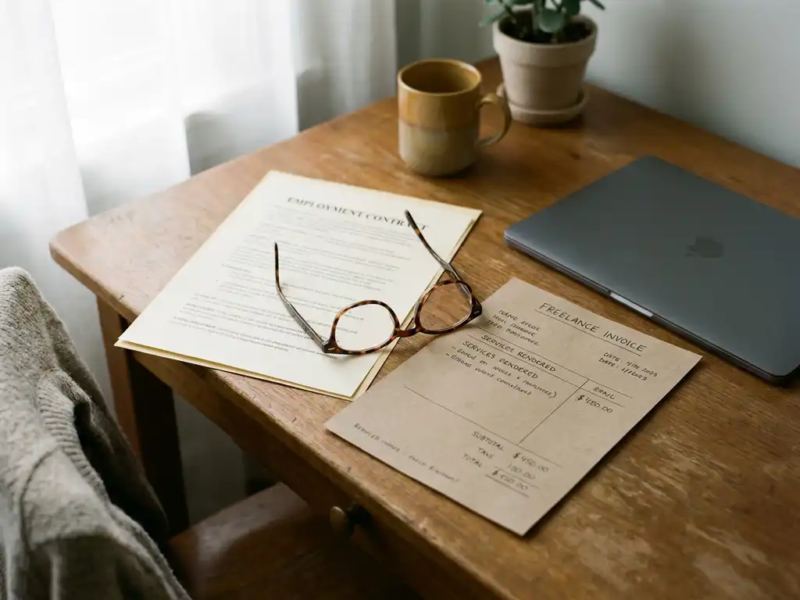 Freelancer bureau met arbeidscontract en freelancefactuur naast elkaar, leesbril eroverheen, zachte natuurlijke belichting.