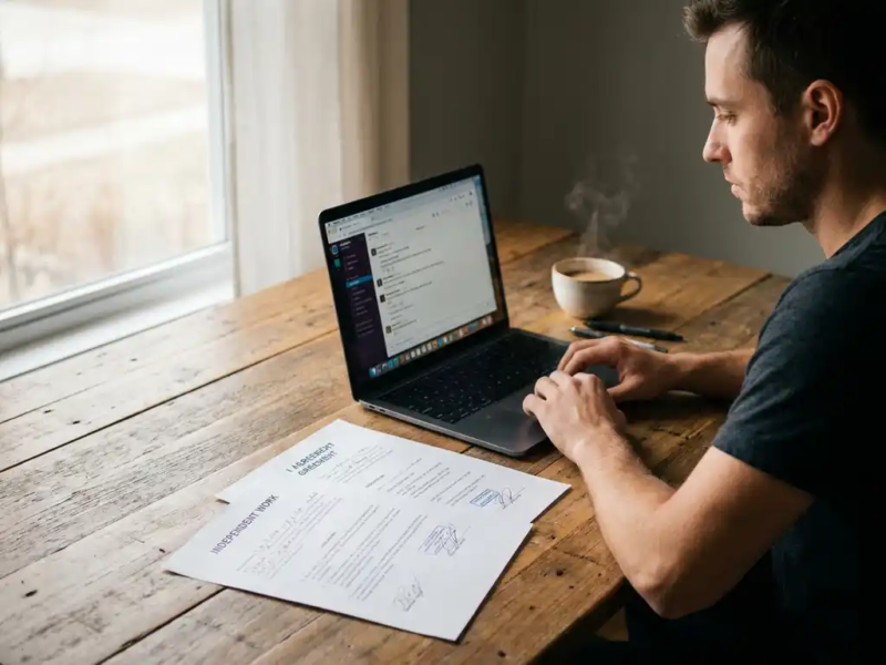 Freelancer aan een thuiswerkplek met overlappende arbeids- en opdrachtovereenkomsten naast een laptop en dampende koffie.