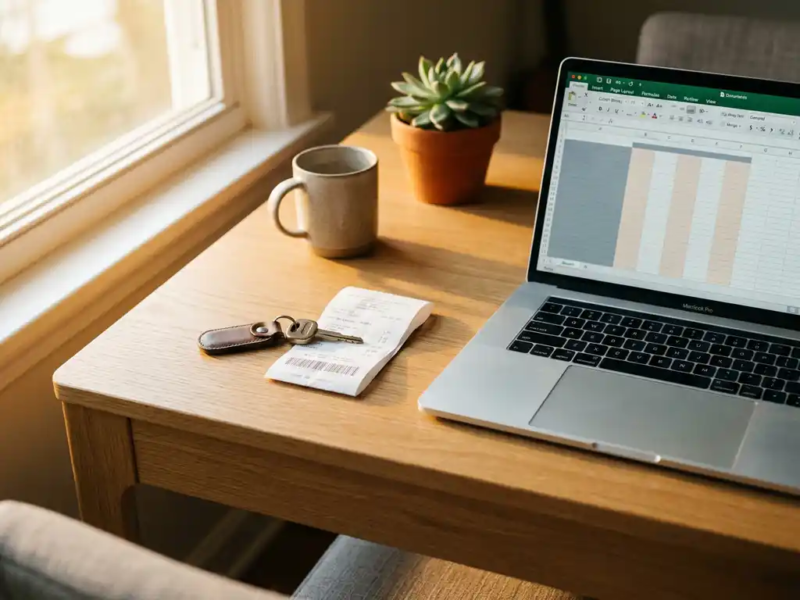 Autosleutel en bon op eikenhouten bureau naast laptop met spreadsheet, geschikt voor freelance kilometerregistratie.