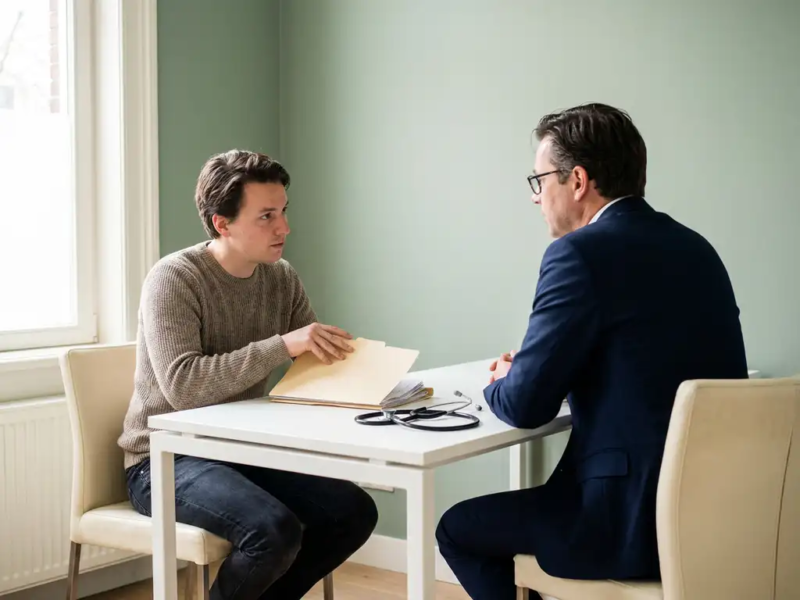 Freelancer beschermt persoonlijke documenten tijdens gesprek met bedrijfsarts in minimalistisch Nederlands medisch kantoor.
