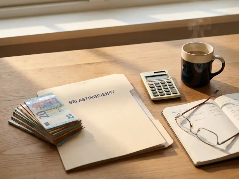 Freelance thuiswerkplek met euro's, Nederlandse belastingmap, rekenmachine en koffiemok in warm ochtendlicht.