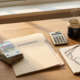 Freelance thuiswerkplek met euro's, Nederlandse belastingmap, rekenmachine en koffiemok in warm ochtendlicht.