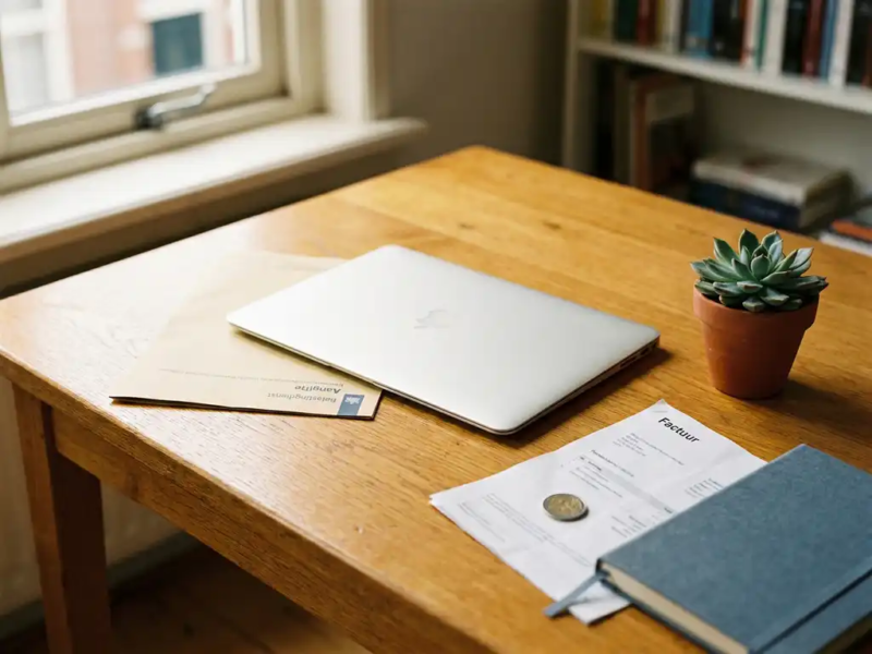 Nette eiken bureau met Nederlands belastingformulier, laptop, succulent en euromunt op gevouwen factuur in warm natuurlijk licht.